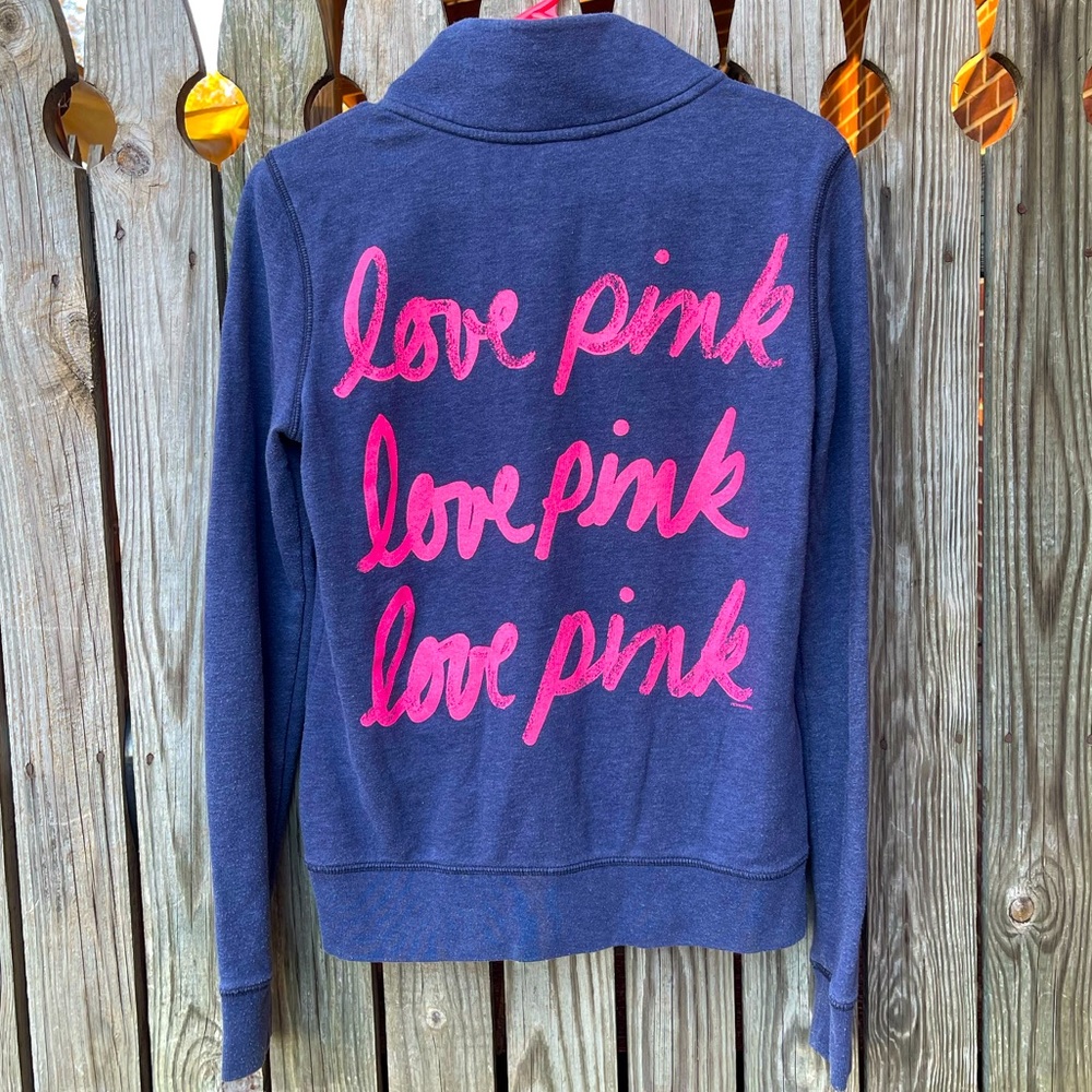VS PINK “love pink” Navy Quarter Zip Collard Pullover Sweatshirt Size XS